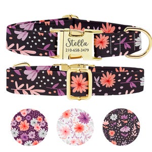 Personalized Dog Collar: Engraved Buckle, Purple Flower Design