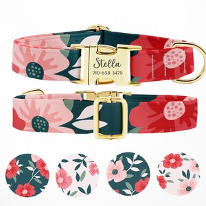 Personalized Dog Collar, Customized Engraved Metal Buckle, Dog Collar Leash Set, Custom Pet Gift, Custom Name+Phone, Wild Floral Dog Collar