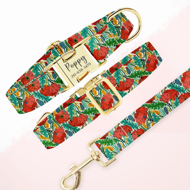 May include: A dog collar, buckle, and leash set with a floral poppy design. The collar features a gold-colored metal buckle and a nameplate that reads "Poppy" with a phone number. The pattern includes red poppies, green leaves, and yellow accents.
