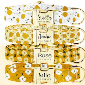 Personalized Floral Poppy Dog Collar: Engraved Buckle, Custom Pet Gift