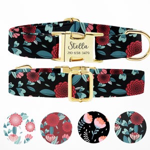 Personalized Floral Dog Collar: Engraved Metal Buckle, Custom Pet Gift