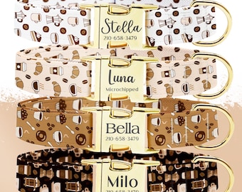 Personalized Coffee Print Dog Collar: Engraved Metal Buckle, Custom Pet Gift
