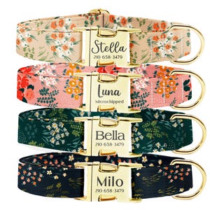 Personalized Dog Collar, Customized Engraved Metal Buckle, Dog Collar Leash Set, Custom Pet Gift, Custom Name+Phone, Wild Floral Dog Collar
