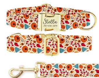 Personalized Dog Collar Leash Set: Engraved Metal Buckle, Silk Webbing