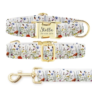 Personalized Floral Dog Collar Leash Set: Engraved Metal Buckle