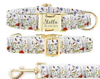 Personalized Floral Dog Collar Leash Set: Engraved Metal Buckle