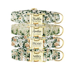 Personalized Dog Collar Leash Set: Engraved Buckle, White Pink Peony