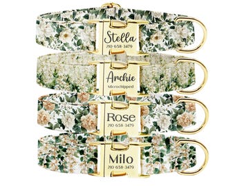 Personalized Dog Collar Leash Set: Engraved Buckle, White Pink Peony