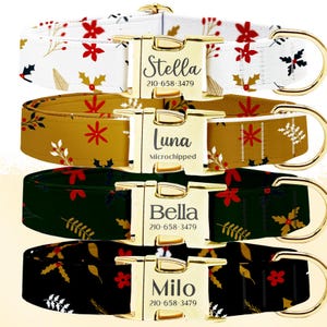 Personalized Winter Flower Dog Collar: Engraved Metal Buckle Leash Set