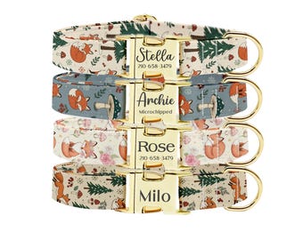 Personalized Pet Collar, Engraved Gold Buckle, Woodland Moose Dog Cat ID Collar