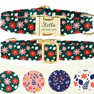 Personalized Dog Collar, Customized Engraved Metal Buckle, Dog Collar Leash Set, Custom Pet Gift, Custom Name+Phone, Floral Dog Collar
