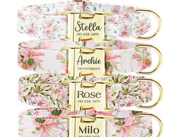 Personalized Lily Flower Dog Collar: Engraved Metal Buckle, Custom Pet Gift