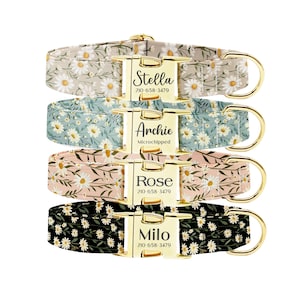 Personalized Daisy Flower Dog Collar Leash Set: Engraved Metal Buckle