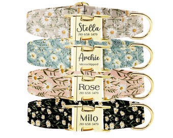 Personalized Daisy Flower Dog Collar Leash Set: Engraved Metal Buckle