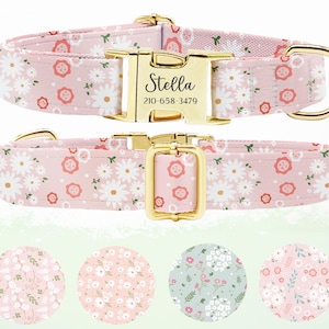 Personalized Dog Collar, Customized Engraved Metal Buckle, Dog Collar Leash Set, Custom Pet Gift, Custom Name+Phone, Pink Daisy Floral