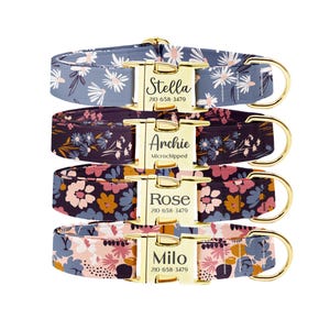 Personalized Floral Dog Collar: Engraved Metal Buckle, Custom Pet Gift
