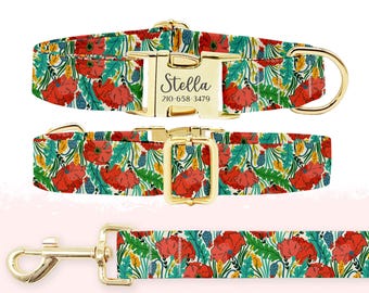 Personalized Poppy Floral Dog Collar and Leash Set, Custom Gold Buckle Pet Collar