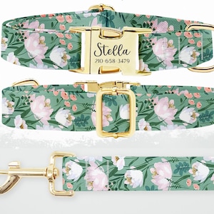 Personalized Dog Collar, Customized Engraved Metal Buckle, Dog Collar Leash Set, Custom Pet Gift, Name+Phone, Dog Gifts, Green Peony Collar