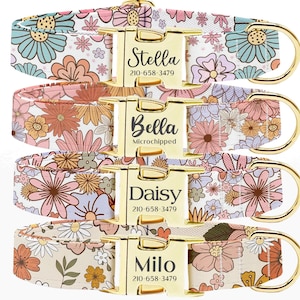 Personalized Dog Collar, Customized Engraved Metal Buckle, Dog Collar Leash Set, Custom Pet Gift, Custom Name+Phone, Boho Flower Collar