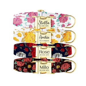 Personalized Floral Dog Collar: Engraved Buckle, Custom Pet Gift