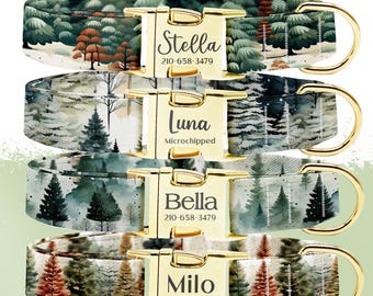 Personalized Forest Dog Collar: Engraved Buckle, Custom Pet ID