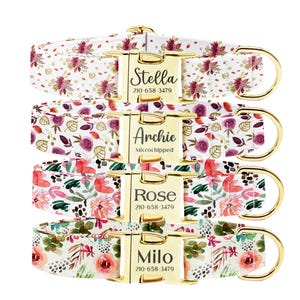Personalized Floral Dog Collar: Engraved Buckle, Custom Pet ID
