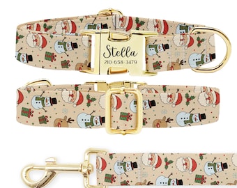 Personalized Christmas Santa Dog Collar Leash Set: Engraved Metal Buckle