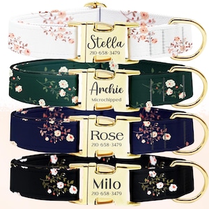 Personalized Dog Collar, Customized Engraved Metal Buckle, Dog Collar Leash Set, Custom Pet Gift, Custom Name+Phone, Wild Floral Dog Collar