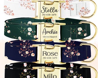 Personalized Wild Floral Dog Collar: Engraved Metal Buckle, Custom Pet Gift
