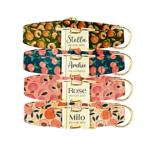 Op de afbeelding: Vier gepersonaliseerde hondenhalsbanden met goudkleurige hardware. Elke halsband heeft een ander fruitpatroon: perziken, abrikozen en een mix van beide. De halsbanden zijn gelabeld met de namen "Stella", "Archie", "Rose" en "Milo", samen met een telefoonnummer.