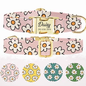 Personalized Dog Collar, Customized Engraved Metal Buckle, Dog Collar Leash Set, Custom Pet Gift, Custom Name+Phone, Daisy Flower Dog Collar