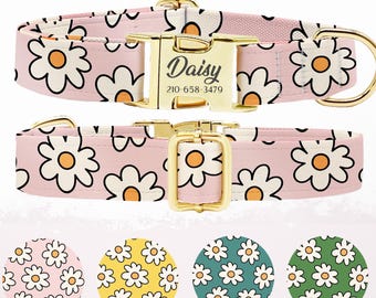 Personalized Daisy Flower Dog Collar: Engraved Buckle, Custom Pet Gift