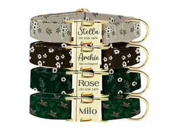 Personalized Winter Flower Dog Collar Leash Set: Engraved Buckle, Custom Pet ID