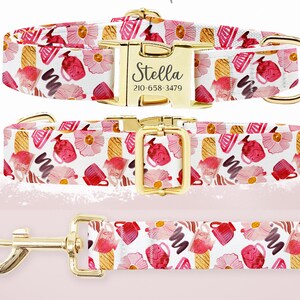 Coleira personalizada para cachorro, fivela de metal gravada personalizada, conjunto de guia e coleira para cachorro, presente personalizado para animal de estimação, nome + telefone, presentes para cachorro, coleira floral rosa
