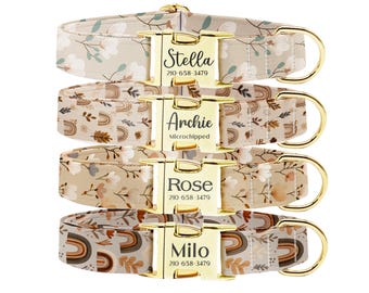 Personalized Dog Collar Leash Set: Engraved Buckle, Boho Flower Design