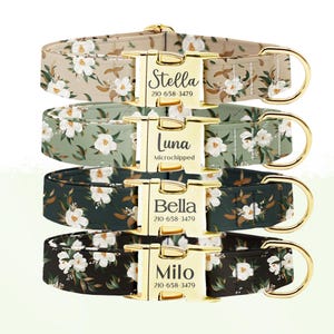 Personligt Magnolia Blommigt Hundhalsband med Graverat Spänne, Anpassat Hundnamnshalsband