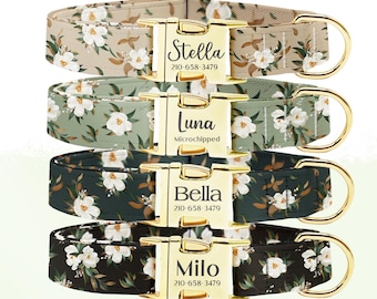 Personalized Magnolia Floral Dog Collar with Engraved Buckle, Custom Pet Name Collar