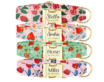 Personalized Strawberry Dog Collar: Custom Laser-Engraved Pet ID, Gold Buckle