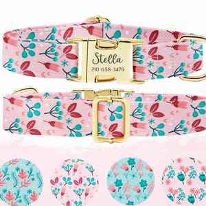 Personalized Dog Collar, Customized Engraved Metal Buckle, Dog Collar Leash Set, Custom Pet Gift, Custom Name+Phone, Floral Dog Collar
