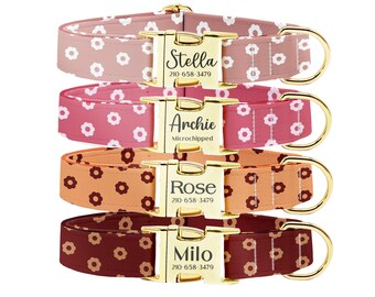 Personalized Flower Dog Collar Leash Set: Engraved Buckle, Custom Pet ID
