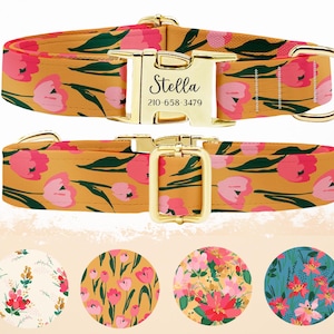 Personalized Floral Dog Collar: Engraved Buckle, Custom Pet ID