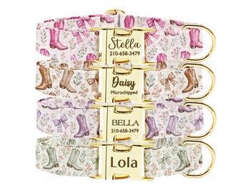 Personalized Western Dog Collar, Custom Cowgirl Floral Design, Gold ID Buckle Collar