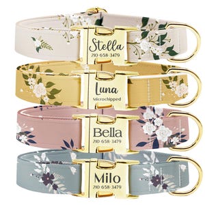 Personalized Dog Collar, Customized Engraved Metal Buckle, Dog Collar Leash Set, Custom Pet Gift, Custom Name+Phone, Floral Dog Collar