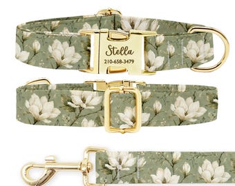 Magnolia Hundehalsband und Leinen, personalisiertes Halsband mit goldener Schnalle