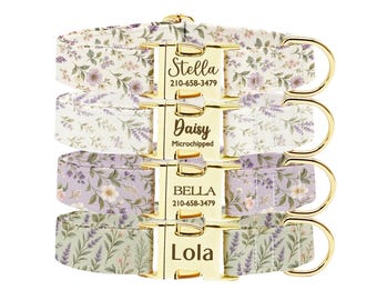 Personalized Wildflower Dog Collar, Custom Floral Gold ID Buckle Collar