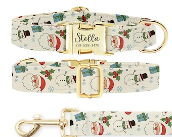Personalized Christmas Santa Dog Collar Leash Set: Engraved Metal Buckle
