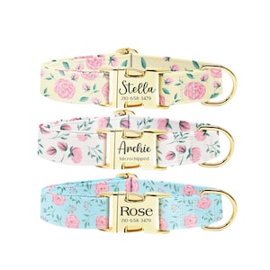 Personalized Floral Dog Collar: Engraved Buckle, Custom Pet Gift