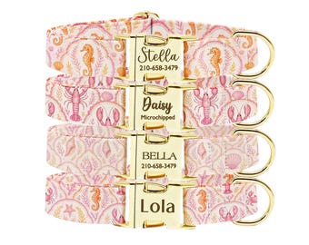 Personalized Beach Dog Collar, Custom Pink Coastal Design, Gold ID Buckle Collar