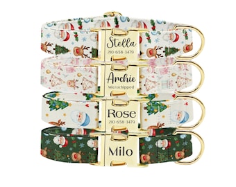 Personalized Pet Collar, Engraved Gold Buckle, Christmas Santa Dog Cat ID Collar
