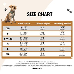 May include: Size chart for dog harnesses, featuring measurements for neck girth in inches and centimeters, leash length in feet, and webbing width in inches. Includes sizes XS to XL. A dog wearing a harness is in the image.
